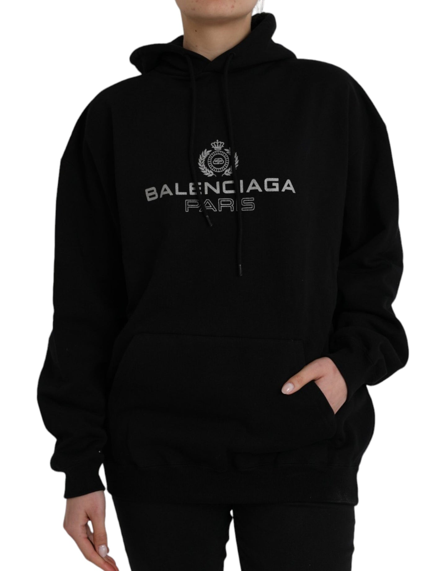 BALENCIAGA Black Cotton Logo Hooded Pullover Sweatshirt Sweater