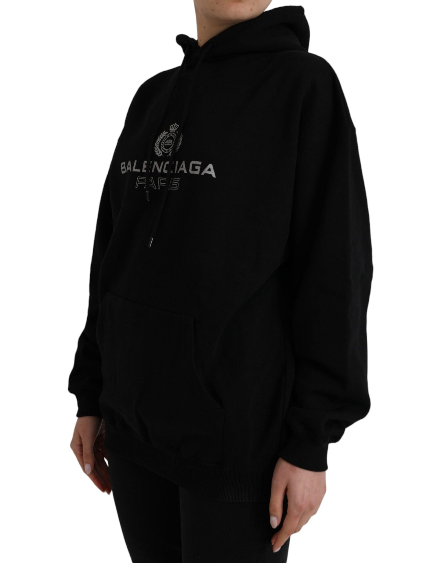 BALENCIAGA Black Cotton Logo Hooded Pullover Sweatshirt Sweater