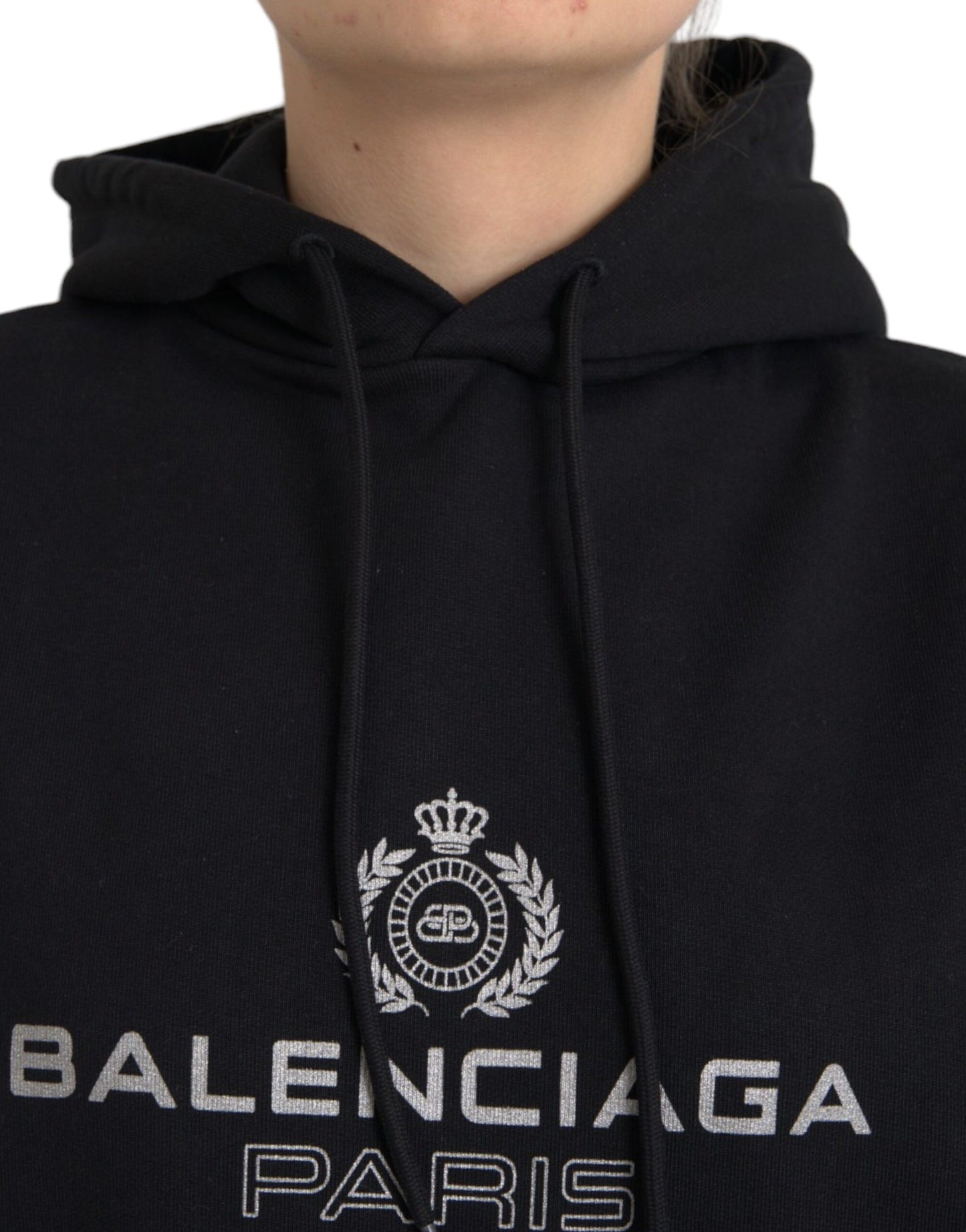 BALENCIAGA Black Cotton Logo Hooded Pullover Sweatshirt Sweater